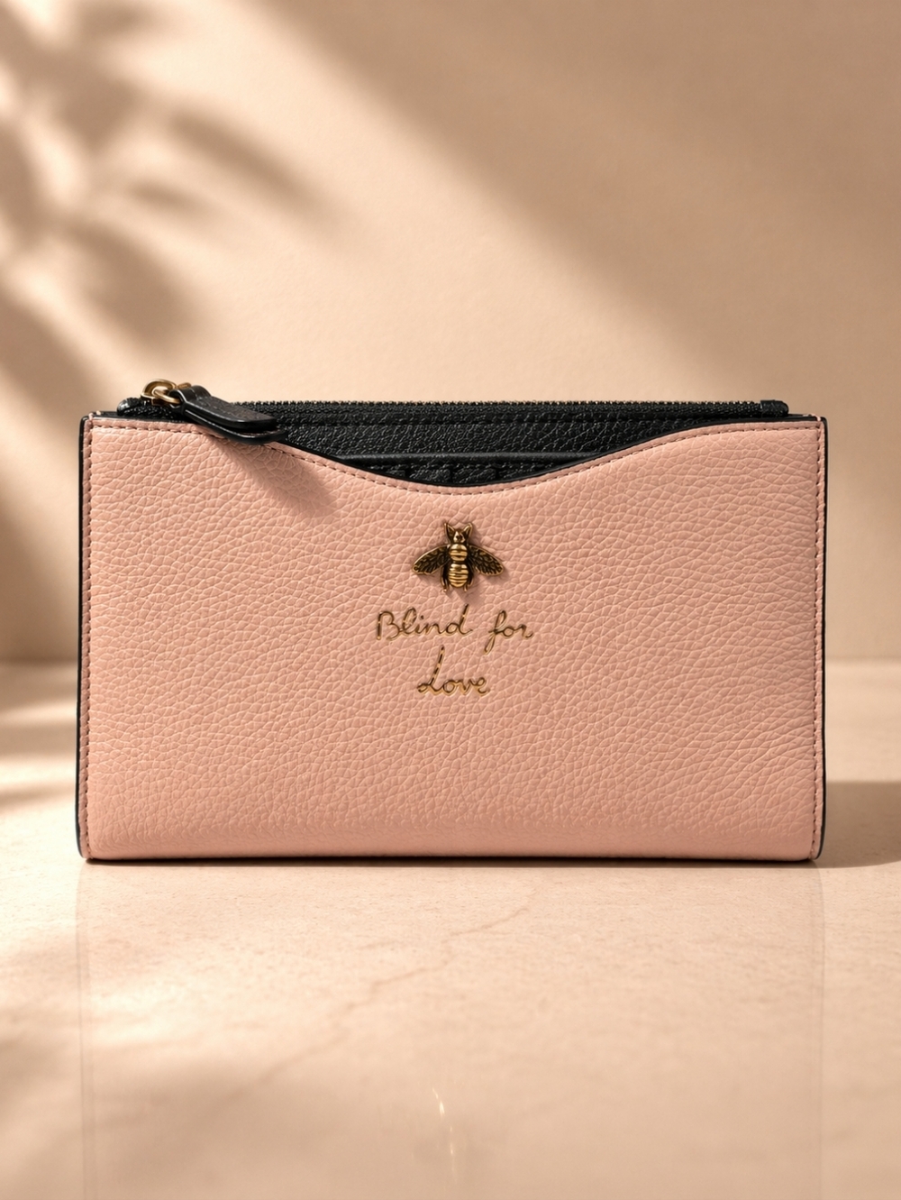 Authentic Gucci Bee Logo Pink Leather Zip Wallet Clutch|Luxury Designer Wristlet